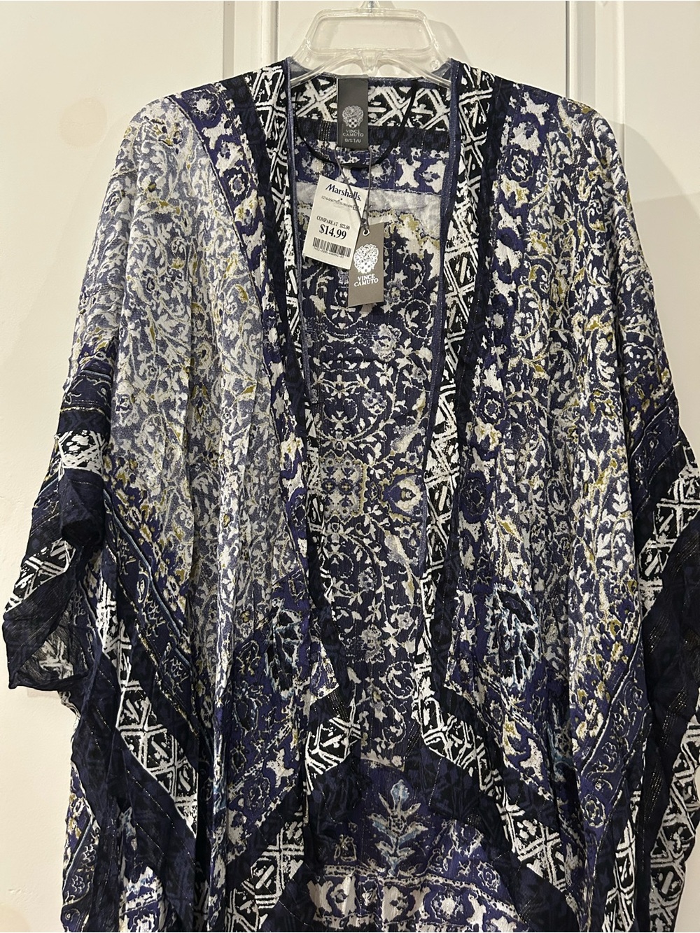 Vince Camuto Navy and White Printed Sheer Kimono